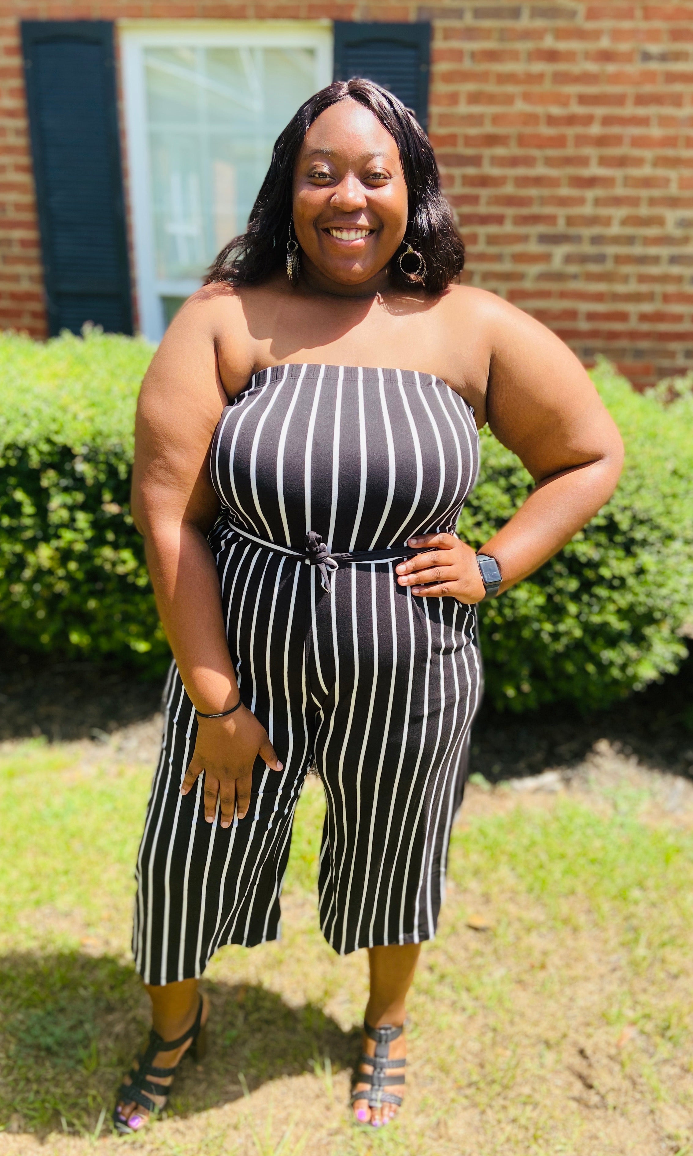 Black and white striped jumpsuit plus size online